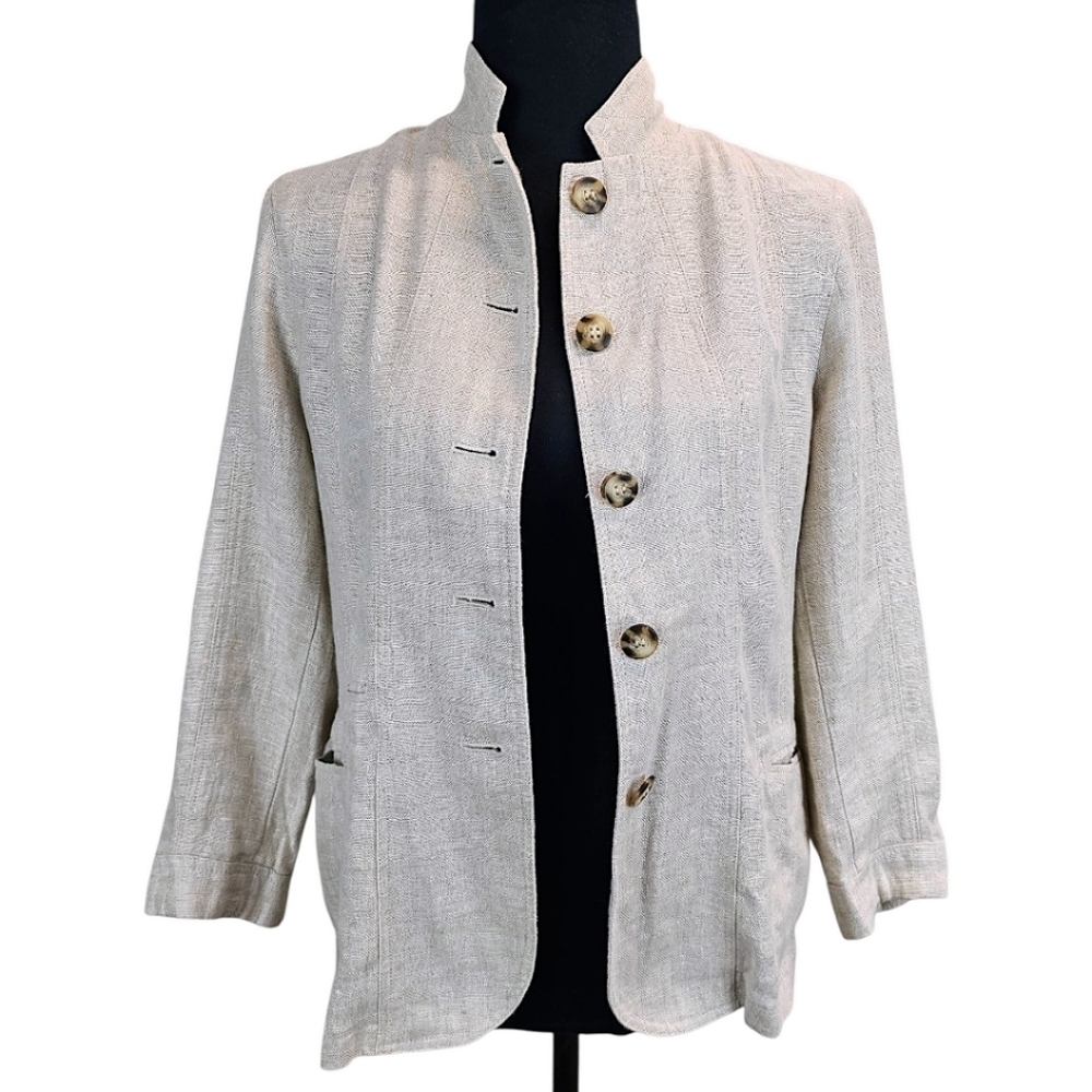 Vintage Fashion Gallery Womens 100% Linen Blazer 4 Oatmeal Natural Neutral Chic